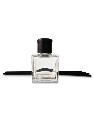 Bouteille pour bâtonnets parfumés Carré 100ml + bâtonnets en rotin noir